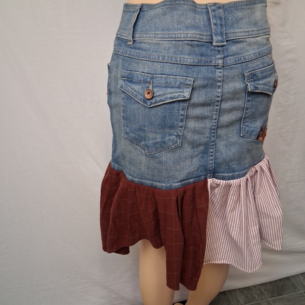 Clash Jeans Ash Patchwork Denim Mini Skirt in Blue, Brown and Cream Size L - Picture 14 of 16